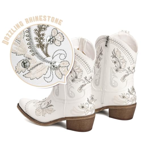 Cowboy Boots for Women - Western Embroidered Cowgirl Boots with Sparkly Rhinestone, Pointed Toe Chunky Heel Side Zipper Vintage Short Booties, Women's Ankle High Fashion Retro Country Booties4
