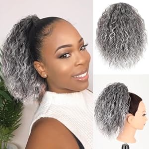 Loose Curls Drawstring Ponytail Extension for Black Women 12″ Fake Hair Bun Lightweight Fluffy Updo Synthetic Ponytail Hair Pieces for Thinning hair Grey Curly Clip in Ponytail (Grey Mixed Black)