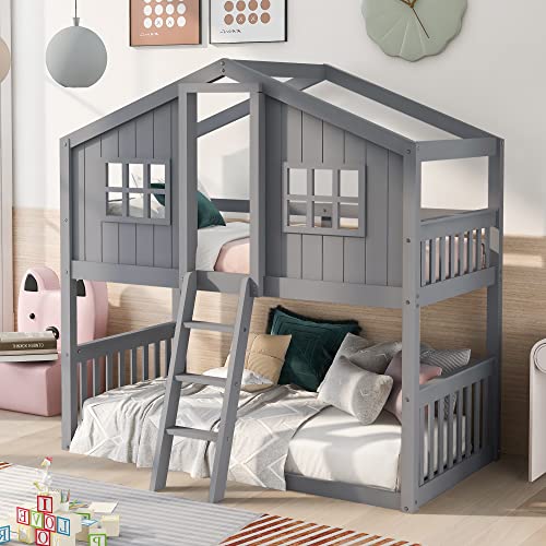 Twin Over Twin House Bunk Bed with Roof & Window