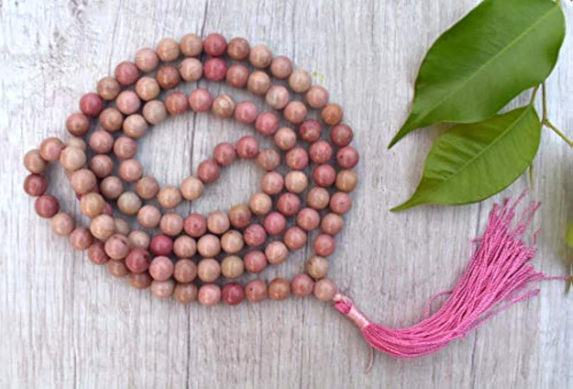 Natural Rhodochrosite Healing Crystal Mala, 34 Inch, 108 Beads
