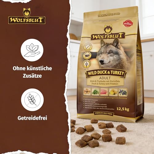 WOLFSBLUT – Wild Duck & Turkey Adult | Trockenfutter mit natürlichen Zutaten und Superfoods für ausgewachsene Hunde. Getreidefreies Alleinfutter ohne Zusatzstoffe im Beutel | 12,5kg Ente & Truthahn