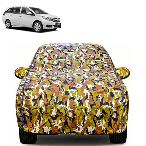 Image of Waterproof Car Body Cover for Honda Mobilio with Mirror Pocket| Cotton Inner Lining | Triple Stitched | All Weather Protection | Dust, UV & Rain Proof (Camouflage with Blue Piping)