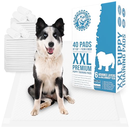 Image of Bulldogology Premium XXL Puppy Pads with Adhesive Tabs - Dog Pads Extra Large (30x36) - Leak Proof Dog Pee Pads Extra Large - Ultra Absorbing Extra Large Puppy Pads (40-Count, White)