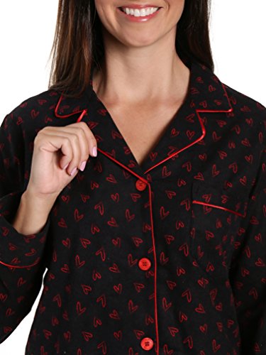 Noble Mount Cotton Flannel Pajamas Women, 2Pc Pajama Set for Women - Hearts Black-Red - M