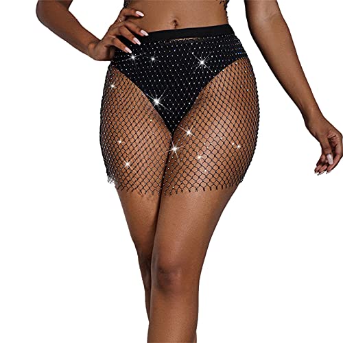 FlyCC Damen Sexy Sheer Mesh Strass Strand Bademode Bikini Tankini Cover Up Swim Rock - Schwarz - Medium Cover