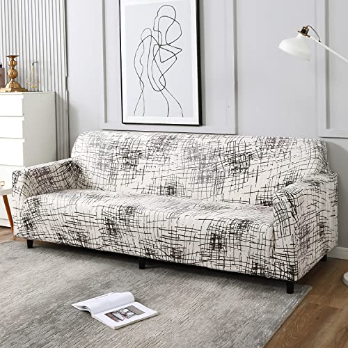 Image of HOKIPO Elastic Stretchable Sofa Cover 4 Seater, Beige Brown Line (NEW-AR-4096-D7)