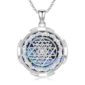 PELOVNY Sri Yantra Geometry Necklace 925 Sterling Silver Abalone Sri Sacred Pendant Sri Yantra Jewelry for Mothers Day Birthday Christmas Gifts Men Women