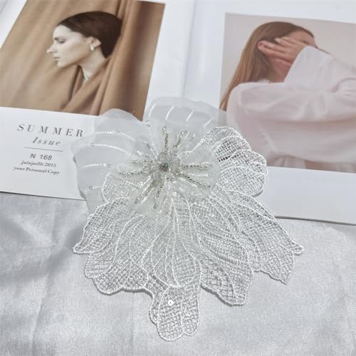 Image of Lacy Fabric Flower Brooch Pin for Women Girls Fashion Dainty Organza Big Beaded White Corsage Boutonniere Brooches Lapel Pins Delicate Wedding Birthday Holiday Dress Accessories Jewelry Gift