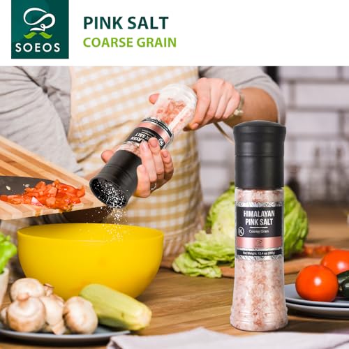 Soeos Salt Grinder Set, Himalayan Pink Salt, Coarse Grain, Salt for Grinder Refill, 13.4 Oz (380g), Refillable Plastic Bottle, Rock Salt, Kosher Salt Set (Pack of 1)