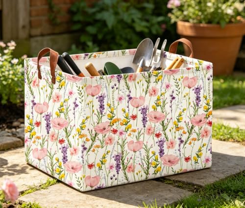 Image of Rectangle Storage Basket with Handles,Collapsible Storage Bin,Books Box,Gift Basket(Flowering Shrubs)