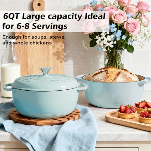 Image of Umite Chef 6QT Enameled Cast Iron Dutch Oven with Lid, Versatile Heavy-Duty Cookware Pot for Baking Bread, Braising, Soups & Stews, Oven & Stovetop Safe with Heat Resistant Gloves(Blue)