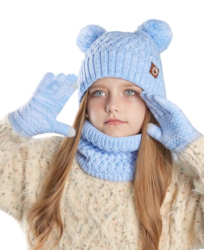 Maeau Jungen Wintermütze Winter Frühling Mützen Dreiteiliges Gestrickter Kinder Strickmütze Hut Schal Warme 3 Stück Mädchen Beanie Gefütterte Buntem Mütze Handschuhe Schal Set Gestrickt Fleece Blau