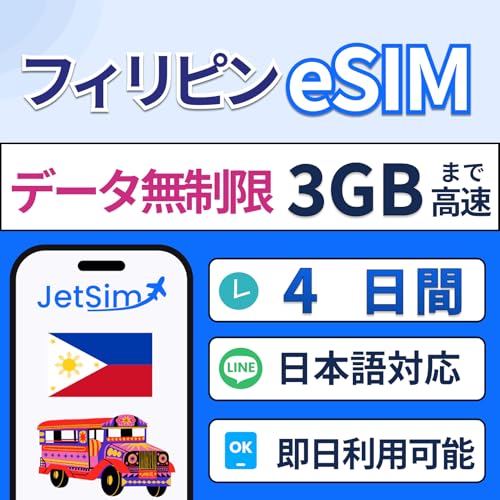 フィリピン e-sim 4日間 無制限 simカード データ使い放題 3GBまで高速 Globe回線・SMART回線 海外sim デザリング可 ジェットシム JetSim esimフィリピン 4日