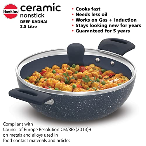HAWKINS Ceramic Nonstick 2.5 Litre Deep Kadhai, Induction Deep Fry Pan with Glass Lid, Granite Kadai (ICK25G) by HAWKINS - Image 3
