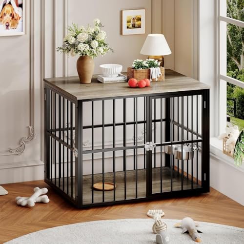 43" Dog Crate Furniture, Wooden Dog Crates with Double Doors and Lockable Kennel, Heavy Duty Indoor Pet House Side End Table for Medium and Large Dogs