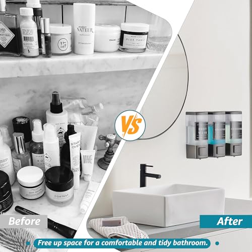 Image of Shower Shampoo Dispenser 3 Chamber No Drill, Grey | Wall Mounted, Large Capacity 3x16.9oz, ABS Plastic Material, Refillable With Labels, For Bathroom Hotel