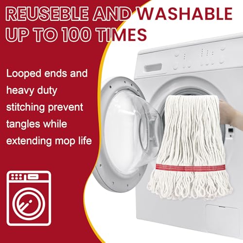 Image of Eccliy 6 Pack Commercial Mop Heads Replacement Heavy Duty 18 oz Loop End Cotton String Wet Mop Refills Washable Absorbent Reusable for Industrial Home Tile Wood Concrete Floor (White,Red)