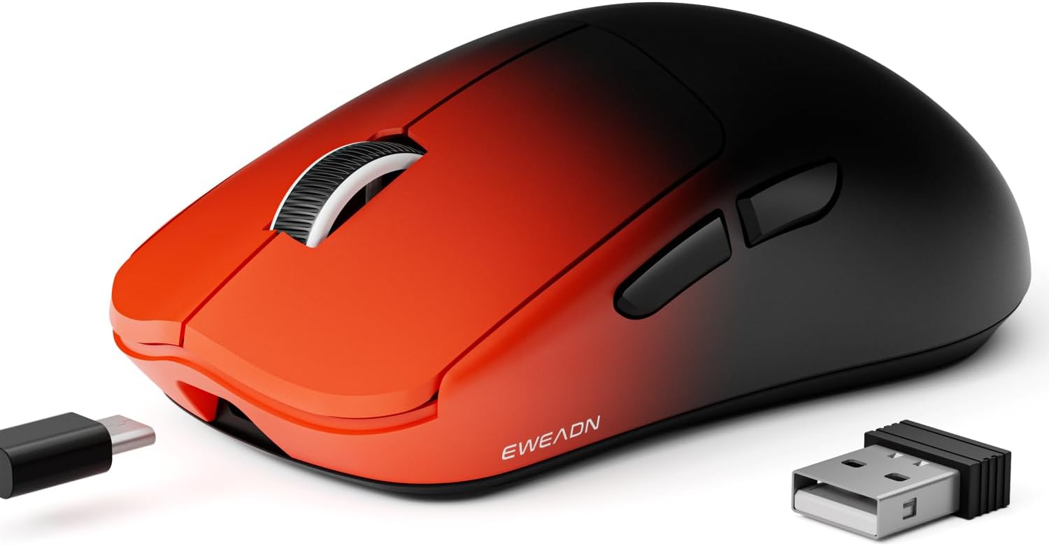 EWEAND X23 Pro Gaming Mouse, Tri-Mode 2.4G/USB-C/BT 5.4 Wireless Mouse, PAW3311 Sensor,12000 DPI, 59g Lightweight, Zero Delay, Ergonomic Computer Mouse with Anti-Slip Grip Tape for Laptop/PC/Mac-Red