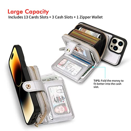 Nuoku Designed For Iphone 14 Pro Max Case Wallet With Rfid Blocking Card Holder, Magnetic Detachable Lanyard Strap Wristlet Zipper Crossbody Wallet Women Compatible With Iphone 14 Pro Max (Silver) #TOP2