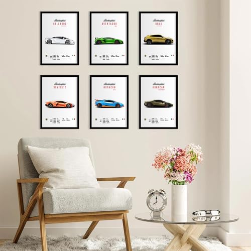 Image of CodersParadise Lamborghini Wall Poster Frames - Pack Of 6 | 8 x 12cm (A4 Size) | Aesthetic Artwork Framed Posters | Framed Posters For Living Room, Bedroom, Home And Office