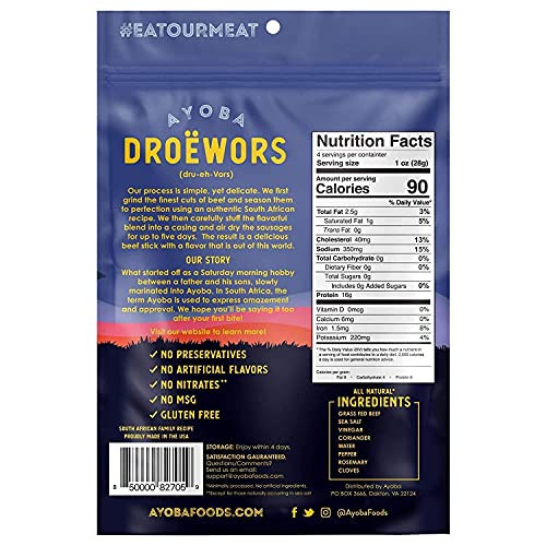 Ayoba Droewors Beef Sticks - Grass Fed, Keto And Paleo Certified Air-Dried Sausages - Whole 30 Approved, No Sugar, Gluten Free, No Nitrates - Healthy And Natural Snacks (2 Ounce) #TOP1