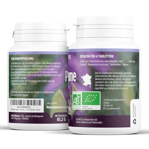Bio Passionsblume 1600 mg pro Tag - ENTSPANNUNG, SCHLAF - 120 Tabletten | Premium Naturprodukt & Rein pflanzlich