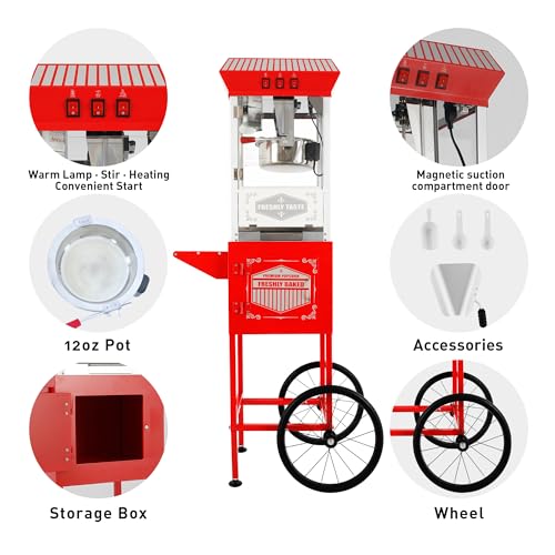 Image of 12 oz Popcorn Machine with Cart, Commercial Popcorn Maker Machine with Stainless Steel Kettle, Warming Light, Vintage Movie Theater-Style Popper for Home, Party and Carnival Events
