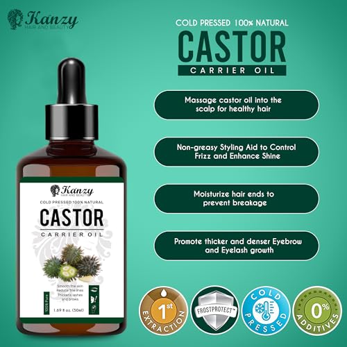 Kanzy Castor Oil for Eyelashes and Eyebrows 50ml Cold Pressed for Hair Growth 100% Natural and Pure with Brushes for Hair, Beard, Nails, and Skin - Image 3
