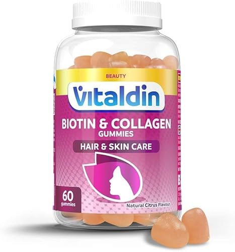 VITALDIN Biotina + Colágeno gummies - Suplemento de Belleza - 2.500 mcg de Biotina, Vitaminas C y E - 60 gominolas, sabor a Cítricos - Ayuda a Mantener el Cabello y la Piel - Sin Gluten