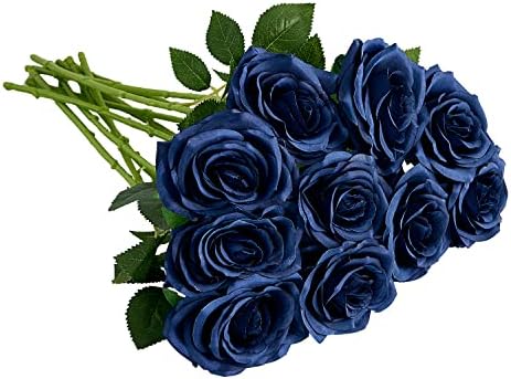 IUKnot Artificial Rose 10pcs Open Flower Bouquet Navy Blue Faux Rose Stems for Wedding Arrangement, Bridal Bouquet, Centerpiece, Fake Faux Silk Flowers