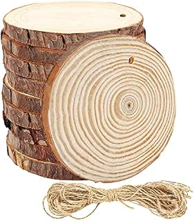 Kurtzy 10 pcs Unfinished Wood Slices with Holes & String - 12-14cm Diameter, 10mm Thick - Rustic Natural Wooden Log Discs with Bark - for Arts/Crafts, DIY, Hanging Decorations & Christmas Ornaments