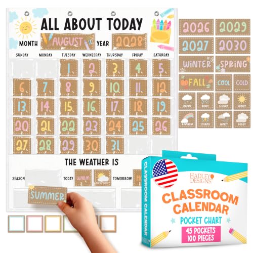 Large 45 Pockets Classroom Calendar Pocket Chart - 24x29" Pocket Calendar, Teacher Calendars Bulletin Board Set, Elementary Kindergarten Preschool Classroom Decor, Kraft Bulletin Board Decorations