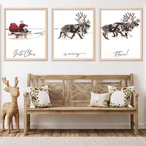 Anydesign 3Pcs Christmas Wall Art Prints 11X14In Santa Claus Reindeer With Sleigh Art Poster Decor Large Aesthetic Xmas Posters Room Decor For Gallery Living Room Bathroom Wall Decor(Unframed) #TOP3