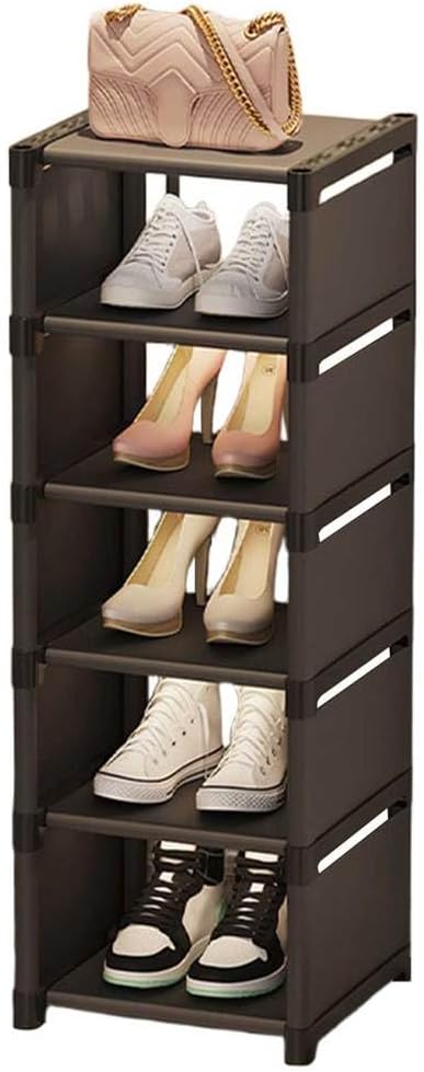 Narrow Tall Shoe Slots Rack for Entryway - Vertical Metal Stckable Shoes Storage Organizer Shelf - Space Saving Corner Single Shoe Holder for Closet, Hallway, Garage & Corridor,Black,6 Tier