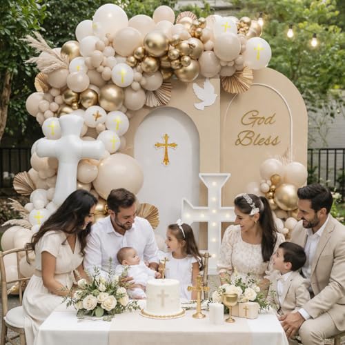 Baptism Decorations First Communion Decorations Balloons Kit,146 Pcs White Sand Gold Matte Neutral Nude Balloons for First Holy Communion Decorations God Bless Christening Party Birthday Supplies by Tesochye - Used condition - Image 4