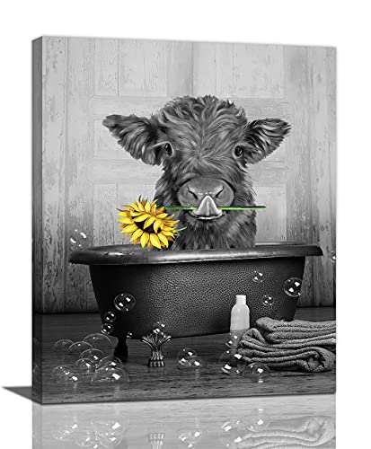 Black And White Cow Bathroom Canvas Wall Art Cute Cow With Sunflower In Bathtube Picture Funny Animal Painting Farmhouse Artworks Home Decor For Bathroom Living Room Bedroom Ready To Hang 8x10 Inch