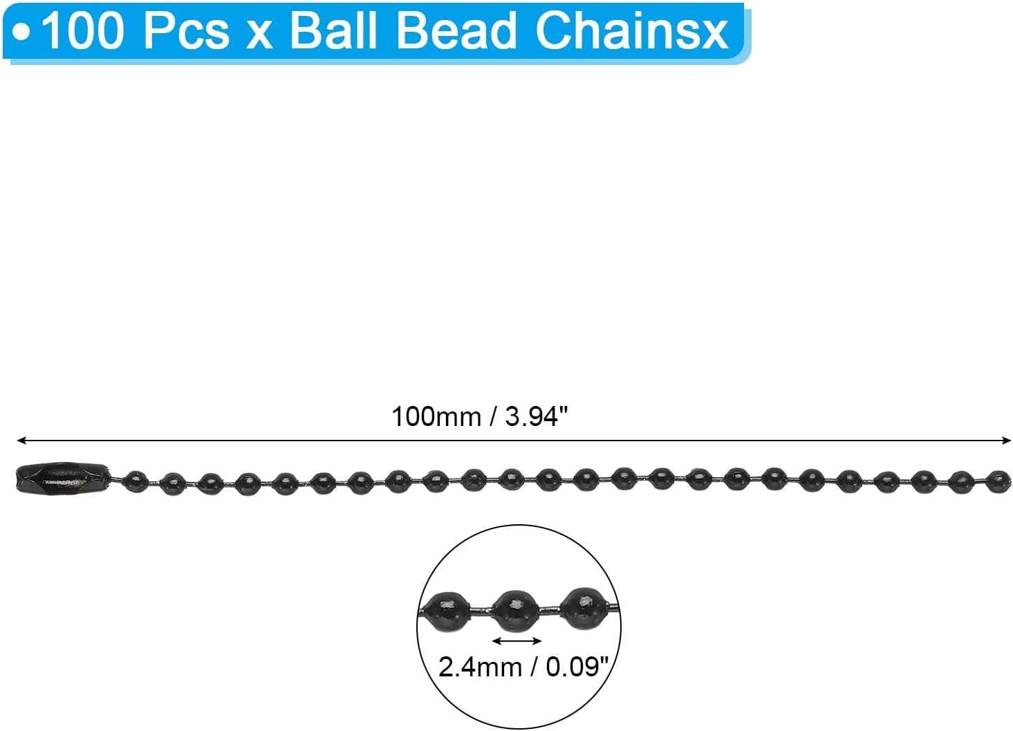MECCANIXITY Ball Bead Chain Beaded Necklace Chains 4 Inch Adjustable Metal Ball Chains 2.4mm/0.1inch Keychain for Jewelry Making,DIY Craft Projects,Pack of 100(Black)