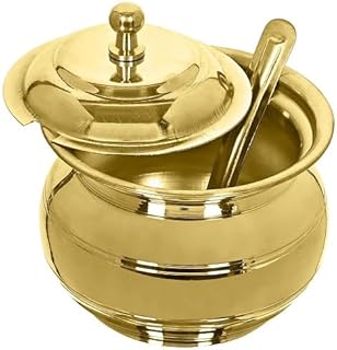 Golden Brass Multipurpose Ghee Pot/Pickle Container 400 ML with Embossed Designer Spoon
