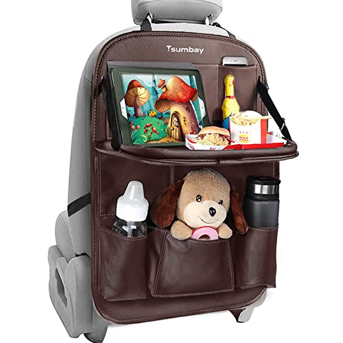 Tsumbay Car Backseat Organizer with Tablet Holderï¼Œ9 Storage Pockets PU Leather Car Storage Organizer with Foldable Table Tray Car Seat Back Protectors Kick Mats Travel Accessories-Brown 1Pcs