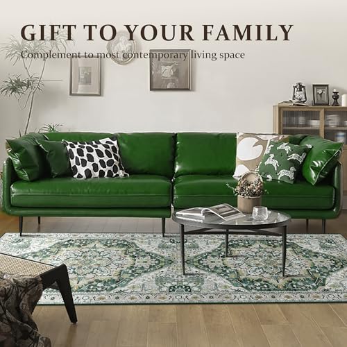 Deerly Green Washable Kitchen Runner Rug 3x7 Boho Vintage Hallway Entryway Throw Rug Faux Wool Non-Slip Low-Pile Floor Carpet for Indoor Front Entrance Kitchen Bathroom Bedroom