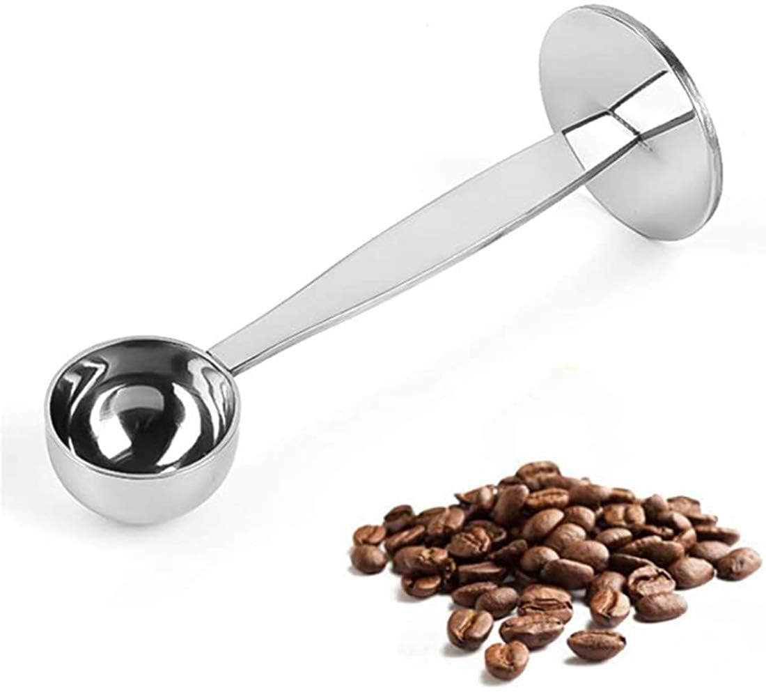 Khazna Stainless Steel Coffee Tamper Professional 2-in-1 Barista Espresso Tamper Scoop with Spoon Coffee Bean Hammer Spoon for Cafe Shop, Home, Kitchen, Office, Silver, 1 Pcs