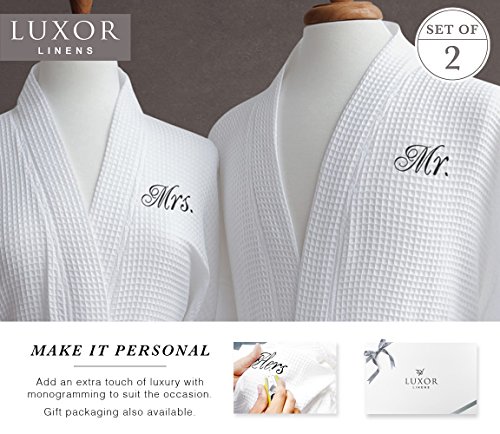 Luxor Linens Egyptian Cotton His & Hers Waffle Robes - Perfect Engagement Gifts! (Mrs. And Mr. With Gift Packaging, Black Monogram) #TOP3