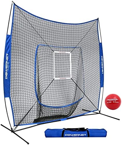 PowerNet DLX 7x7 Baseball Softball Hitting Net + Weighted Heavy Ball + Strike Zone Bundle |Training Set | Practice Equipment Batting Soft Toss Pitching | Team Color | Portable Backstop (Royal Blue)