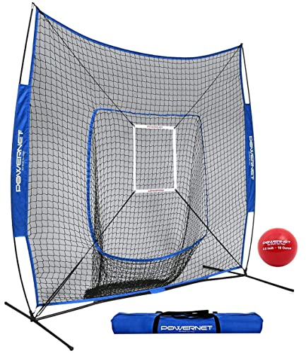 Powernet Dlx 7X7 Baseball Softball Hitting Net + Weighted Heavy Ball + Strike Zone Bundle |Training Set | Practice Equipment Batting Soft Toss Pitching | Team Color | Portable Backstop (Royal Blue) #TOP30