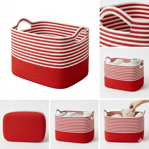 Image of Large Storage Basket, Woven Blanket Basket, Toy Basket with Handle, Laundry Hamper for Living Room, Nursery, Bedroom- 20x15x12 (LXWXH) (red mix)