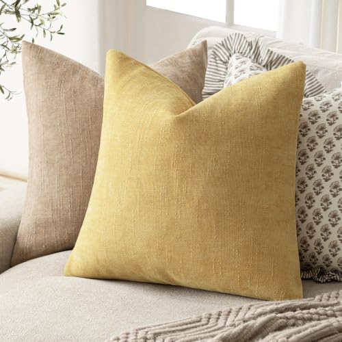 Image of Foindtower Pack of 2 Cozy Textured Chenille Throw Decorative Pillow Covers Square Accent Solid Cushion Cover Neutral Farmhouse Pillow Case for Couch Sofa Bedroom Living Room 24x24 Inch,Light Yellow