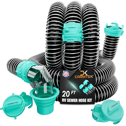 CARMTEK RV Sewer Hose Kit, 20 Ft, with Smart Adapter, Clear Elbow and Caps | Premium Camper RV Sewer Hose Kit