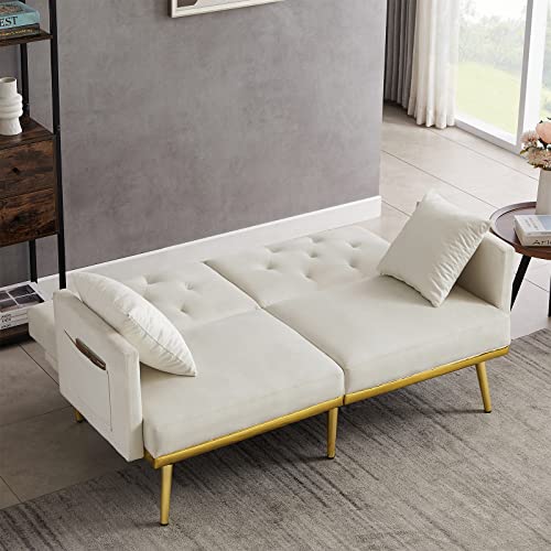 Antetek Convertible Futon Sofa Bed, 59-Inch Modern Velvet Sleeper Sofa Small Loveseat With Two Pillows, 3 Adjustable Positions And 6 Golden Metal Legs Furniture For Living Room And Bedroom, White #TOP2