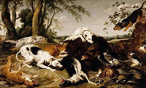 Peintures sur toile chiens abattant un sanglier cynégétique HRT1-04 art célèbre huile