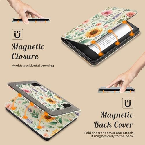 Image of CoBak Case for 6 inch E-Reader - PU Leather Smart Cover with Auto Sleep /Wake & Hand Strap, not Compatible with Kobo Clara,Sunshine Garden